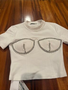 AREA White Short-Sleeve Crystal-Embellished Crop Tee